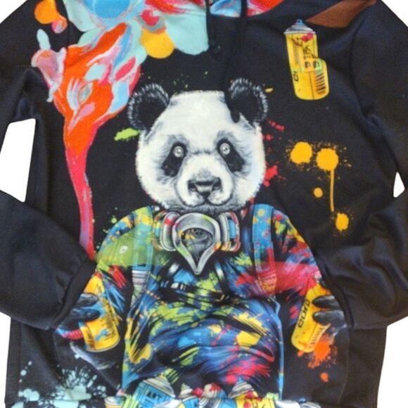 Black Colorful Panda Graffiti Double Print Unisex Hoodie Sweatshirt Mens Med - Picture 5 of 12